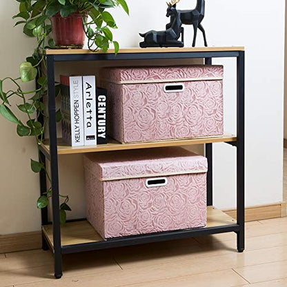 Larger Collapsible Storage Bin with Lid [1-Pack] Fabric Decorative Storage Box Cube Organizer Container Baskes with Handles Divider for Bedroom Closet Living Room Pink 17.7x11.8x11.8 Inch