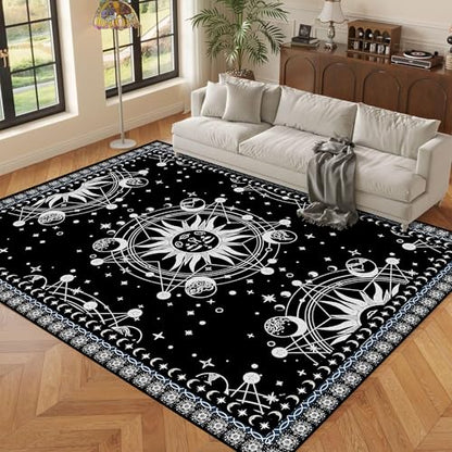 5' X 7' Sun and Moon Rug Boho Celestial Area Rugs for Bedroom Dorm Living Room Bohemian Occult Crescent Solar Stars Galaxy Floor Mat Pad Doormat Carpet,150 X 210cm,Black