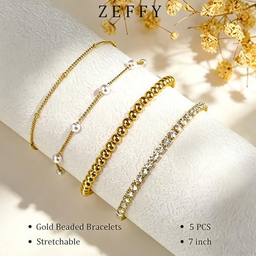 Zeffy Gold Pearl Beaded Bracelet for Women, 14K Gold Plated Jewelry Set With Paperclip Link Chain, Trendy Stack Bracelets - style: 4PCS Gold Tennis Pearl Beaded Stackable Bracelets