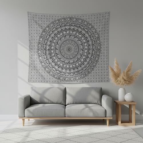 Craft Trade Indian Cotton Mandala Wall Hanging Tapestry for Aesthetic Boho Hippie Living Room, Meditation & Bedroom Décor - Black and white (54X84 Inches) - color: Black and White, size: 54"L x 84"W