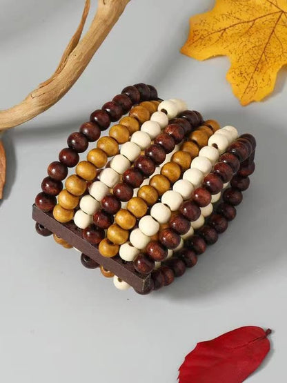 Stretch Wooden Beads Cuff Bracelets Multi Layered Natural Wood Beads Chunky Bangle Wooden Handmade Wide Bracelets Bohemia Jewelry for Women Men - color: B