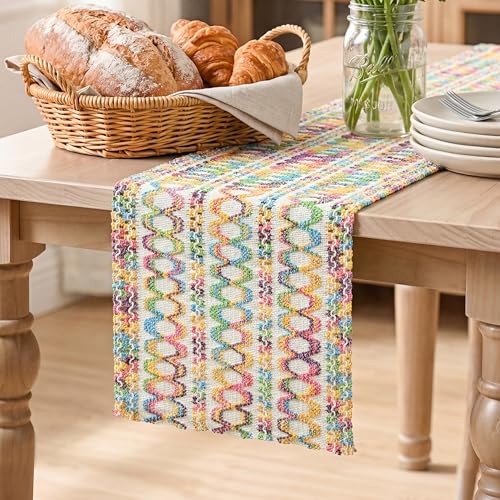 Artoid Mode Colorful Farmhouse Woven Rustic Hollow Spring Table Runner, Seasonal Summer Pride Month Holiday Kitchen Dining Table Decoration for Home Party Decor 12x36 Inch - color: Rainbow, size: 12" x 36", Table Runner