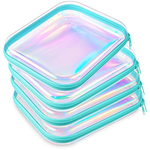 Hoolerry 4 Pcs Hard Clear Zipper Case Makeup Bags Plastic Zipper Pouch Transparent Storage Box Containers for Cosmetics, Snacks, Building Blocks, Puzzles(Clear,9.8 x 7.9 x 2 in,Blue Laser) - color: Blue Laser, size: 9.8 x 7.9 x 2 in