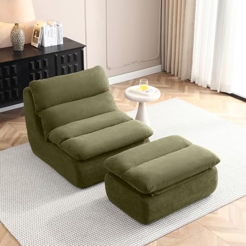 32" Bean Bag Chair with Ottoman, Upholstered Chaise Lounge Chair with High Density Foam, Tufted Lazy Sofa for Living Room, Bedroom (Green) - color: Green