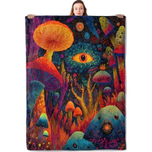 Dreamy Mushroom Forest Flannel Blanket Vibrant Plant and Surreal Eye Warm Lightweight Throw Blankets for Sofa Picnic Travel and Gathering Decorate All Season Use Fantasy Lovers Gifts 50x60in - color: Mushroom, size: 50x60 Inch