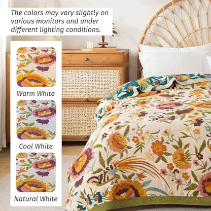 Qidordour Boho Throw Blanket, 60"x80" Muslin Blankets for Adult, 100% Organic Cotton Blanket for Couch Sofa, Lightweight Quilt, All Season Bed Throw, Farmhouse Home Decor, C-Phoenix Floral