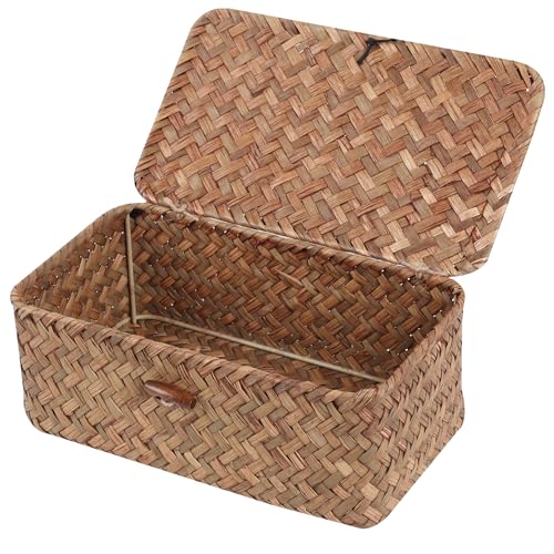 FEIALNDUO Wicker Shelf Baskets with Lid,Seagrass Storage Basket Bins Rectangular Handwoven Basket Boxes for Shelves Desktop Home Organizer (Coffee, X-Small) - color: Coffee, size: X-Small