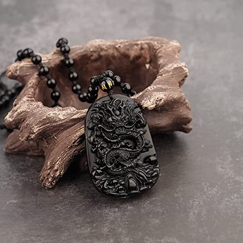 Black Obsidian Necklace Natural Crystal Amulet Protection Pendant with Adjustable Rope Lucky Talisman Necklaces Jewelry Gift for Men Women - color: Dragon