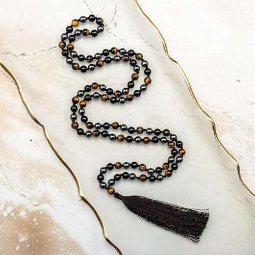 8mm Triple Protection Mala – Black Obsidian, Tiger Eye & Hematite 108 Bead Meditation & Prayer Necklace with Lab Certified Authenticity