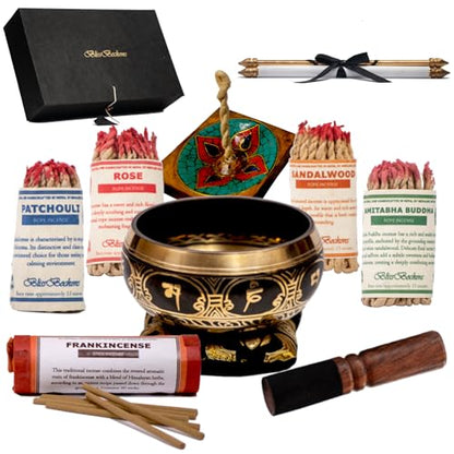 Meditation Accessories Gift Set With Guide: 4.5" Tibetan Singing Bowl Set,150 pcs Handmade Incense Variety Pack: Frankincense, Patchouli, Amitabha Buddha, Rose, Sandalwood, With Incense Holder
