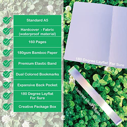 BUKE Dot Grid Notebook Dotted Journal,180Gsm Bamboo White Paper, 5 * 5MM Dots 160 Pages, Lay Flat Binding,Colored Silver Edges, Bookmarks and Expandable Back Pocket Dandelion