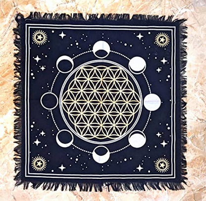 INDACORIFY Moon Phases Altar Table Top Cloth with Fringes Alter Tarot Witchcraft Spread Table Cloth Meditational Cloth 18x18 in (Gold & Silver Moon Phases with Flower of Life) - color: Gold & Silver Moon Phases With Flower of Life