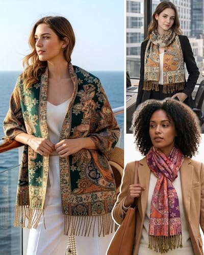 Achillea Elegant Paisley Floral Pashmina Shawl and Wrap – Boho Rave Scarf for Festival, Travel & Everyday Wear - color: Emerald Green