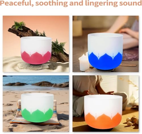 Set of 7 size 6-12 inch Lotus Design Chakra Tuned 432hz Quartz Crystal Singing Bowls with Heavy Duty Carrying Cases and Singing Bowl Mallet Suede Strikers WF - color: Set of 7, Lotus