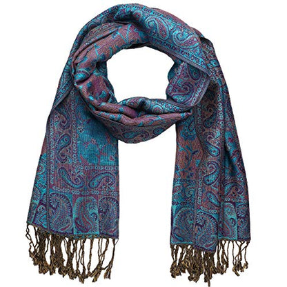 Falari Women's Reversible Paisley Pashmina Shawl Wrap Scarf For Evening Dresses Festivals Any Occasions All Seasons 80"x27" - color: Style 1 - Teal & Purple