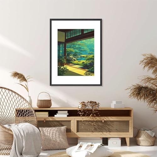 Framed Japanese Zen Garden View Poster Canvas Print Art Minimalist Aesthetic Painting Wall Art Pictures Wall Decor, Elegant Home Decor for Living Room Bedroom Office Decoration Art Print (black frame,12"LX16"W)