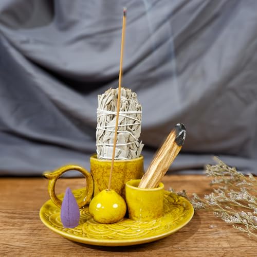 MOUGIGI 5.1-Inch 5-in-1 Yellow Ceramic Incense Holder - Fits Palo Santo, Sage, Incense Sticks/Cones, Small Candle, Smudge Burning Tray.Zen Altar for Meditation/Yoga, Aromatic Scents, Matches Friendly - color: Multifunctional Palo Plate-yellow
