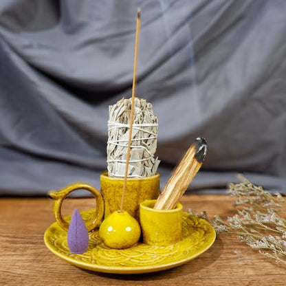 MOUGIGI 5.1-Inch 5-in-1 Yellow Ceramic Incense Holder - Fits Palo Santo, Sage, Incense Sticks/Cones, Small Candle, Smudge Burning Tray.Zen Altar for Meditation/Yoga, Aromatic Scents, Matches Friendly - color: Multifunctional Palo Plate-yellow