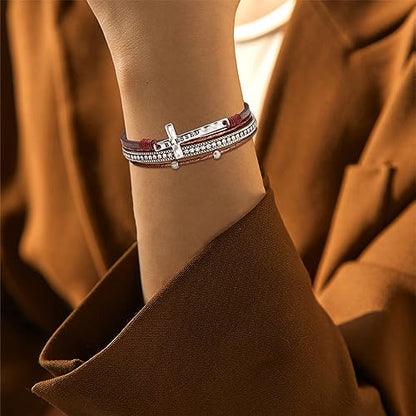 Fesciory Leopard Bracelet for Women, Boho Leather Wrap Multi-Layer Pearl Crystal Bracelet Bangle Jewelry - style: Blessed Cross(Brown)