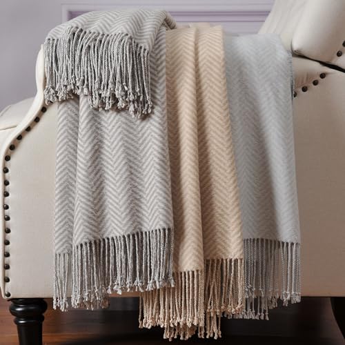 CUDDLE DREAMS Silk Throw Blanket with Hand-Knotted Fringe, Natural, Soft & Breathable (Herringbone Gray) - color: Herringbone Gray