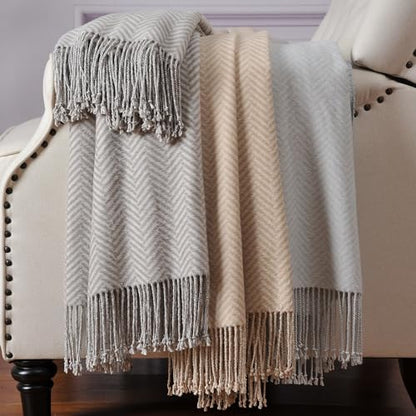 CUDDLE DREAMS Silk Throw Blanket with Hand-Knotted Fringe, Natural, Soft & Breathable (Herringbone Gray) - color: Herringbone Gray