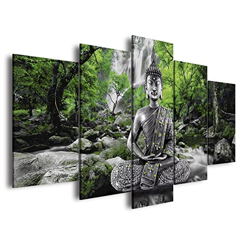 AWLXPHY Decor Buddha Wall Art Canvas Painting Framed 5 Panels for Living Room Decoration Modern Landscape Buddha Waterfall Trees Zen Stretched Artwork Giclee (Green, 40"x20") - color: Green, size: 40"x20"