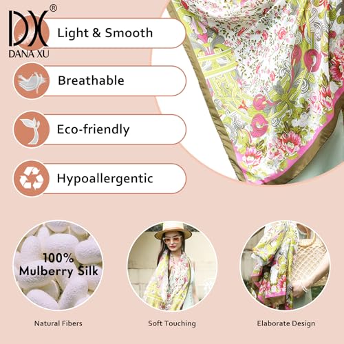 100% Mulberry Extra Large Silk Pashmina Scarf Shawls And Wraps For Women Evening Dress Summer Travel Floral Blanket - color: 60 Green&red