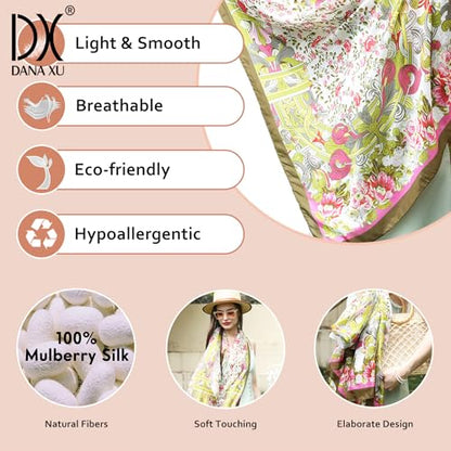 100% Mulberry Extra Large Silk Pashmina Scarf Shawls And Wraps For Women Evening Dress Summer Travel Floral Blanket - color: 60 Green&red