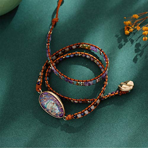 Women Boho Handmade Natural Stone Crystal Leather Bead Wrap Bracelets Collection - style: Blue Purple 3W