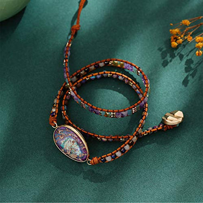 Women Boho Handmade Natural Stone Crystal Leather Bead Wrap Bracelets Collection - style: Blue Purple 3W