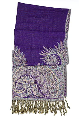 Achillea Reversible Paisley Pashmina Rave Scarf – Exotic Indian Shawls and Wraps for Evening Dresses, Festivals, All Seasons - color: Big Paisley Purple