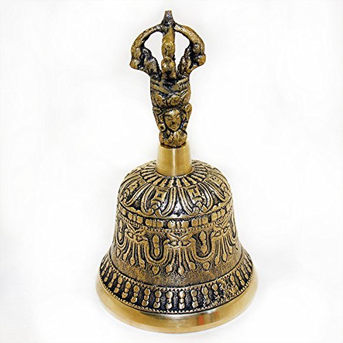 Purpledip Spiritual Buddhist Tibetan Brass Bell with Dorje Handle For Self Healing Meditation Prayer and Yoga, Religious Gift (10680)