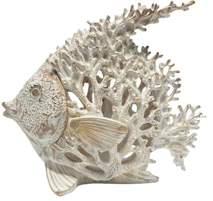 Beach Coastal Decor Coral Reef Angelfish Home Office Desk Decor Sculpture Statue for Tabletop Shelf Bathroom Decoration Ornament Gift (White)