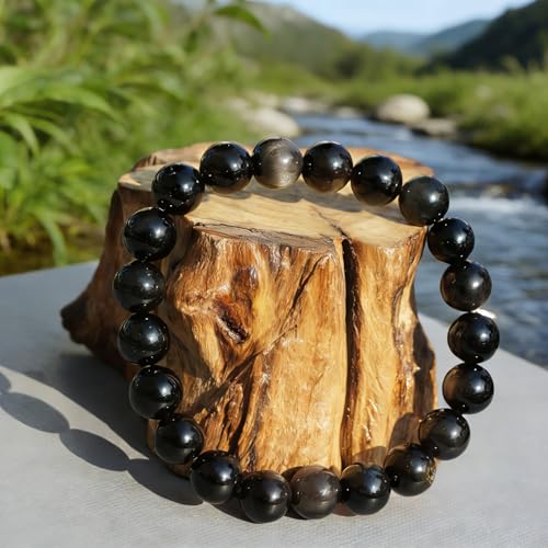 Natural Handmade Healing Chakra Bracelet - color: 10mm-Silver Obsidian-FOR 7-8 INCH WRIST