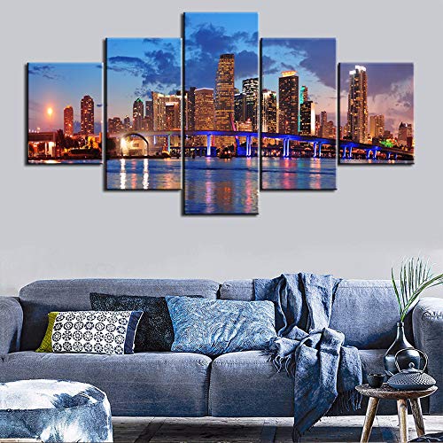 Large 5 Piece Canvas Wall Art for Living Room- Miami City Skyline Panorama at Dusk with Urban Skyscrapers and Bridge Over Sea - Modern Home Decor Stretched and Framed Ready to Hang - 60"W x 32"H - color: Artwork-18, size: 60"W x 32"H