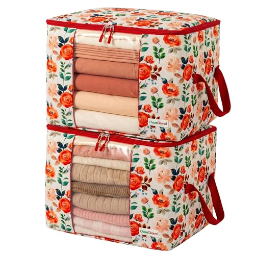Canvas Storage Bags Designer Organizer 2 Pack – Seasonal Storage for Sweaters, Blankets, Linens & Garments – Foldable Design with Zip & Window (Red Floral Print) - color: Red Floral Bag 2 Pack