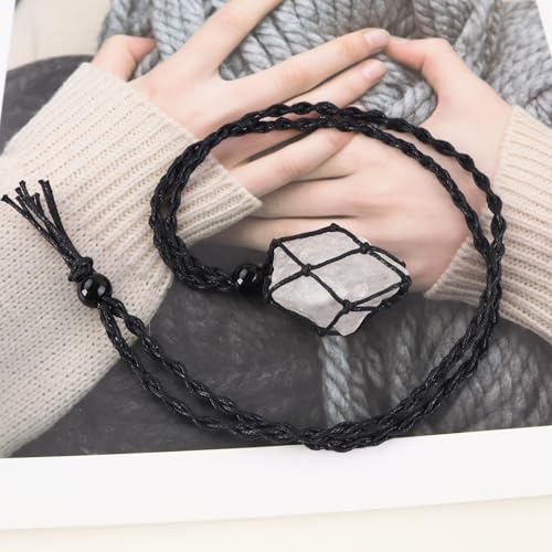 Natural unprocessed crystal raw stone hand woven rope adjustable necklace pendant for both men and women - color: A-Clear Quartz