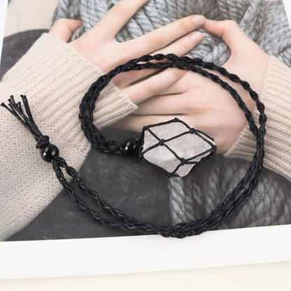 Natural unprocessed crystal raw stone hand woven rope adjustable necklace pendant for both men and women - color: A-Clear Quartz