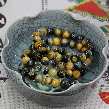 Amandastone Natural Gemstone 10mm Round Beads Stretch Bracelet 7 Inch - color: Golden Blue Tiger Eye