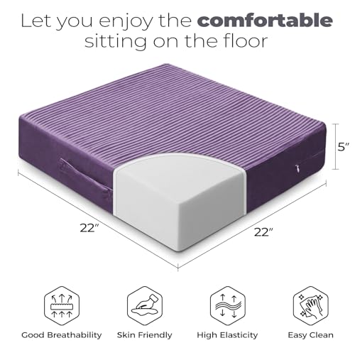 Large Floor Pillows for Adults, Thick Meditation Floor Cushions for Sitting Yoga, 22x22x5 Foam Seat Cushions Set of 2 for Furniture, Floor Pillow with Pleated Velvet Removable Cover, Lavender