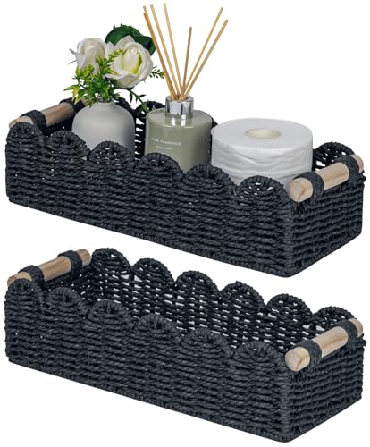 CubesLand Bathroom Basket Organizer, Toilet Tank Paper Storage Baskets 2-Pack, Scalloped Decorative Basket for Countertop w/Handle, Wicker Basket for Bathroom Decor, Home Decor, Living Room, Black - color: Black