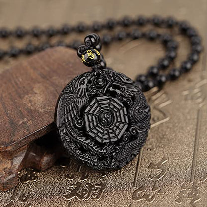Black Obsidian Necklace Natural Crystal Amulet Protection Pendant with Adjustable Rope Lucky Talisman Necklaces Jewelry Gift for Men Women - color: Yin Yang Dragon Phoenix