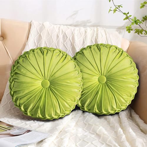HIG Set of 2 Decorative Round Pleated Throw Pillows,Classy Accent Pumpkin Throw Pillows with Center Button,Vintage Velvet Floor Pillows for Sofa Vanity Chair Bed,Apple Green,14.5" Diameter(Ripple) - color: Apple Green