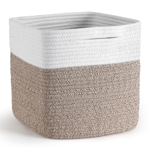Cube Storage Bins 11 Inch Shelf Cotton Rope Baskets for Organizing, Woven Storage Basket - For Magazines, Living Room, Closet, White+brown 1 Pack - color: White+Brown, size: 1pc