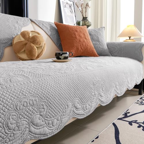 vctops Boho Cotton Quilted Couch Cover Soft Embroidered Sofa Cover Non-Slip Dog Bed Cover Scalloped Sofa Slipcover Washable Furniture Protector Cover (Light Grey,28"x59") - color: Light Grey, size: 1pc/28"x59"/Rectangular