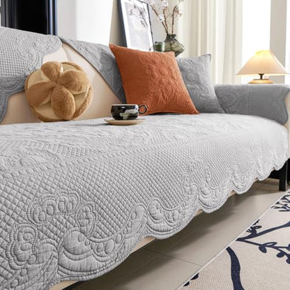 vctops Boho Cotton Quilted Couch Cover Soft Embroidered Sofa Cover Non-Slip Dog Bed Cover Scalloped Sofa Slipcover Washable Furniture Protector Cover (Light Grey,28"x70") - color: Light Grey, size: 1pc/28"x70"/Rectangular