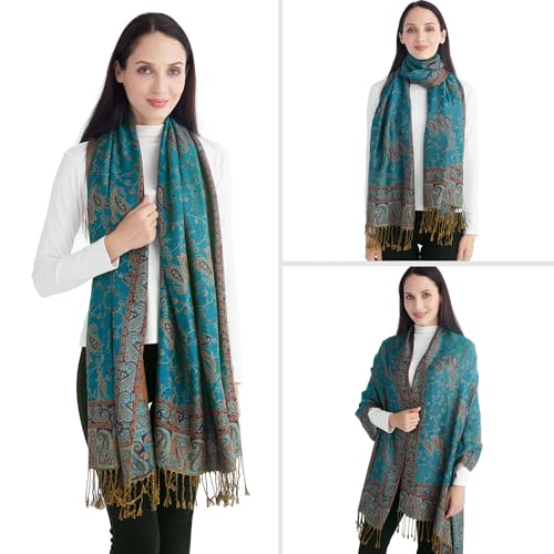 Ciormis Two Tone Silky Paisley Pashmina Shawl Scarf,Soft Women's Rave Jacquard Pashminas Wrap Scarves - color: Style1 -Teal 1 Paisley