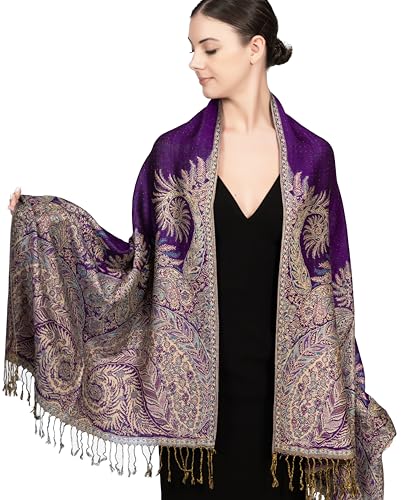 Achillea Reversible Paisley Pashmina Rave Scarf – Exotic Indian Shawls and Wraps for Evening Dresses, Festivals, All Seasons - color: Big Paisley Purple