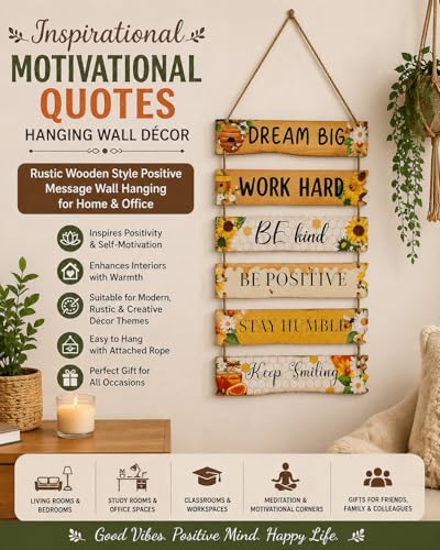 Crafter's Delight This inspirational hanging wall décor features a collection of uplifting motivational quotes beautifully displayed on connected wooden-style panels. Designed with floral accents and warm rustic tones, it adds positivity, charm, and a che
