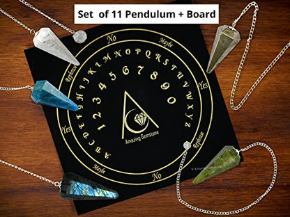 Amazing Gemstone Pack of 11 Crystal Pendulums Bulk Set with Pendulum Board - Wholesale Bulk Crystals - color: 11 Pendulums + Board